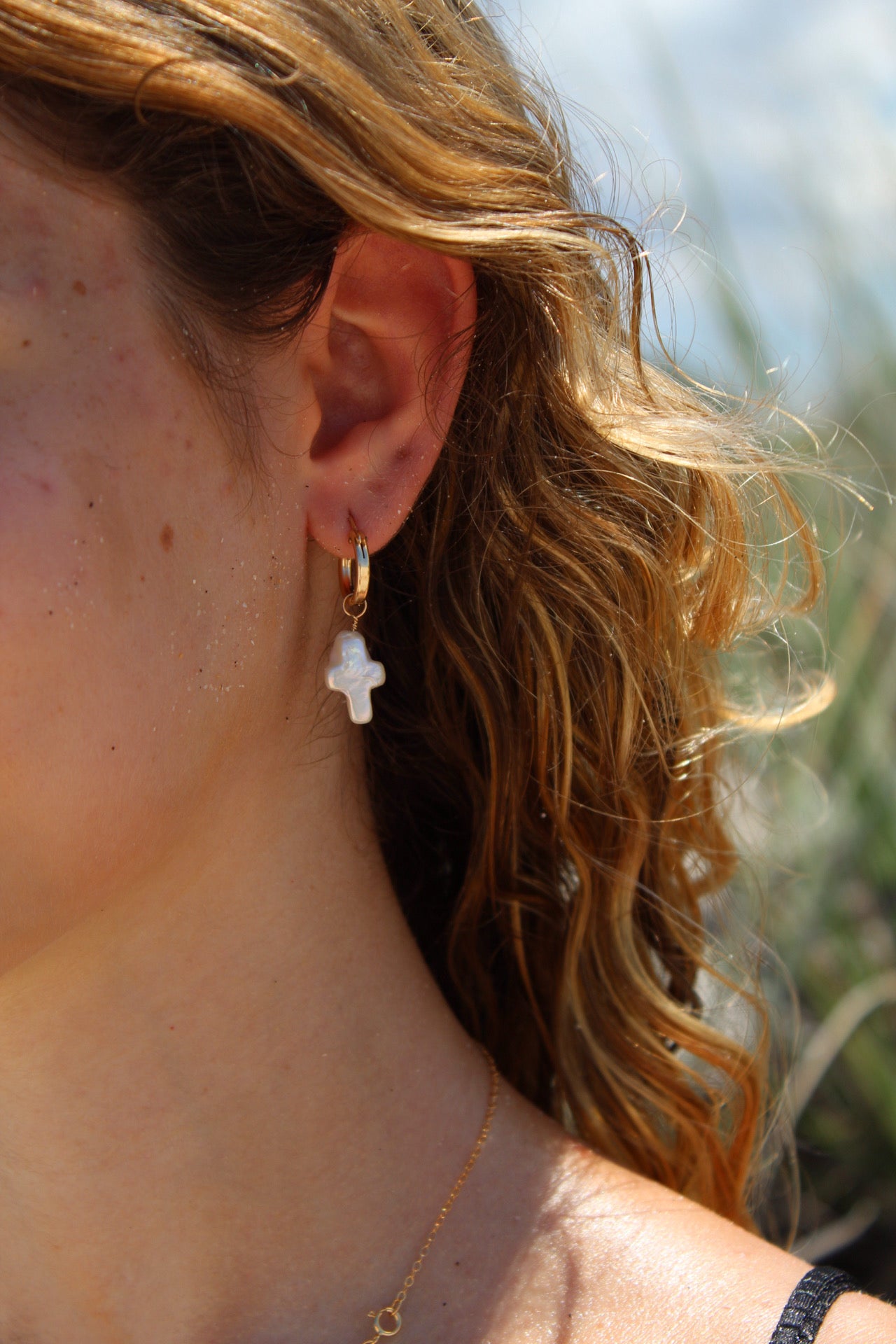 Cross Pearl Hoop Earrings